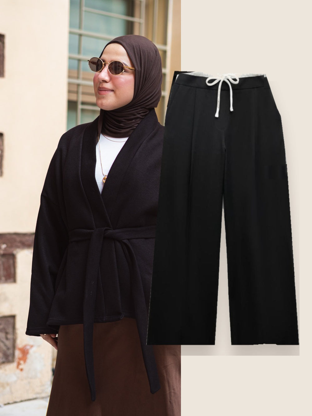 Black wrap cardigan + wide-leg trousers