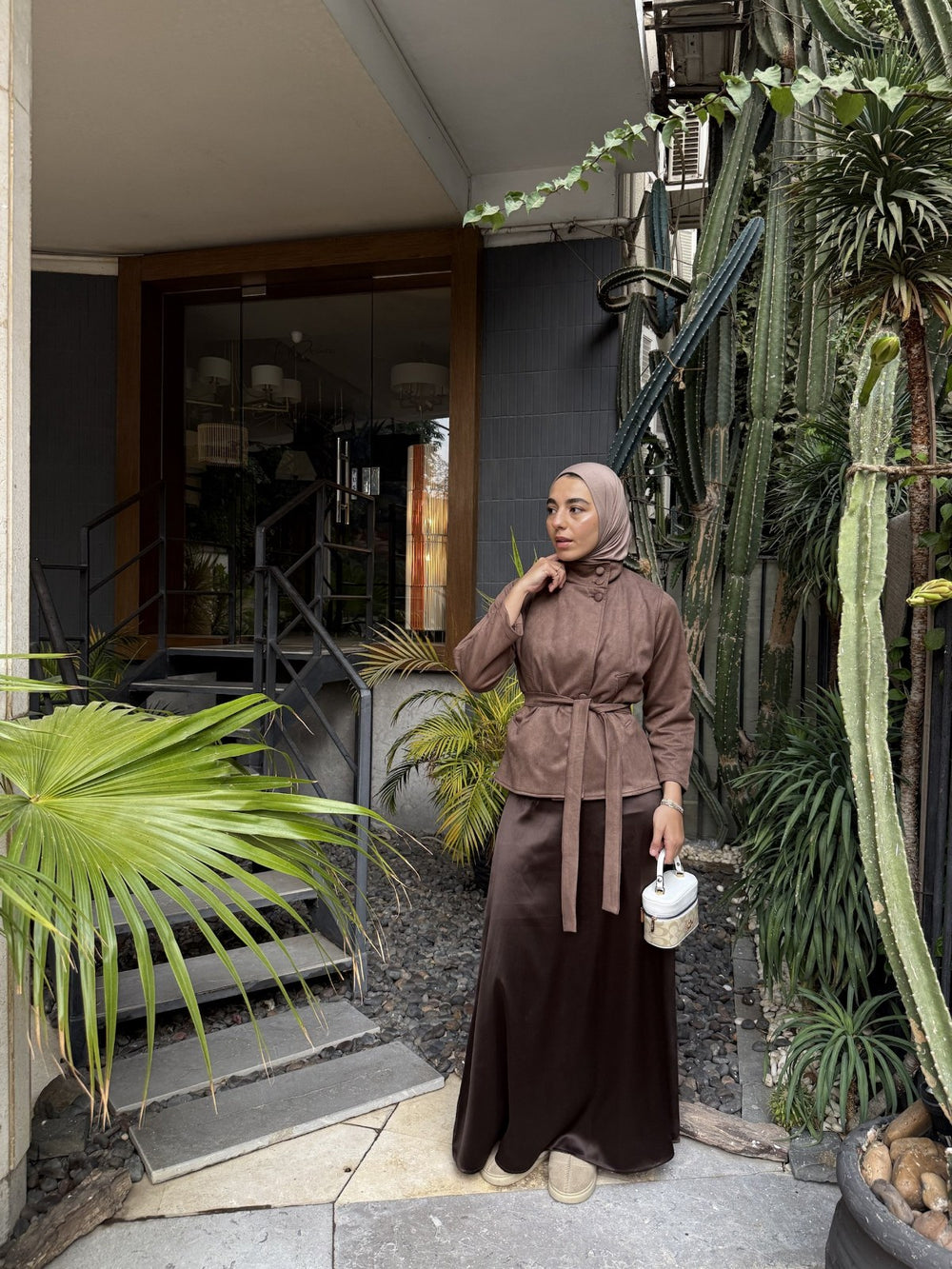 Dark brown suede + satin maxi