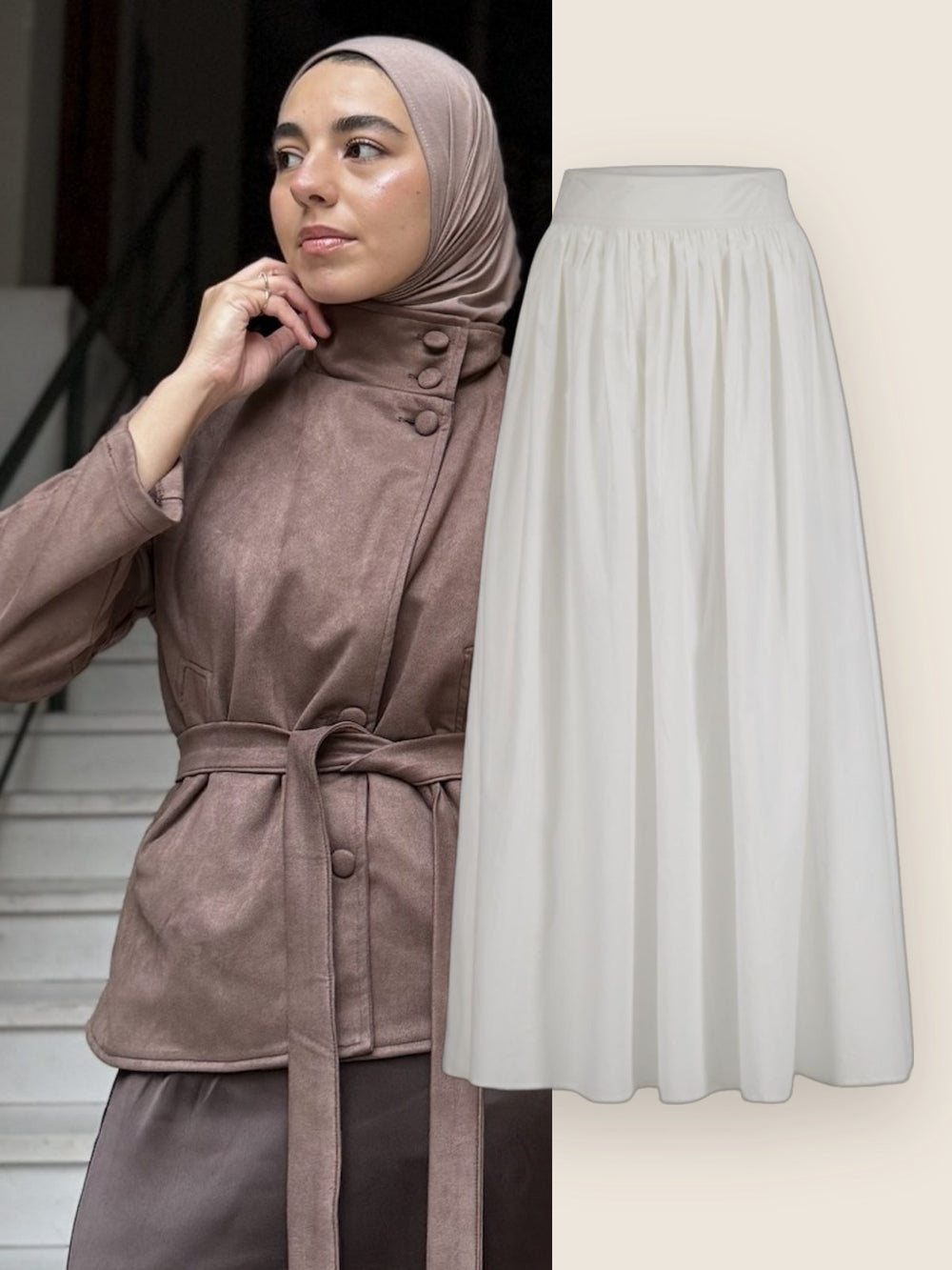 Dark brown suede + white poplin maxi