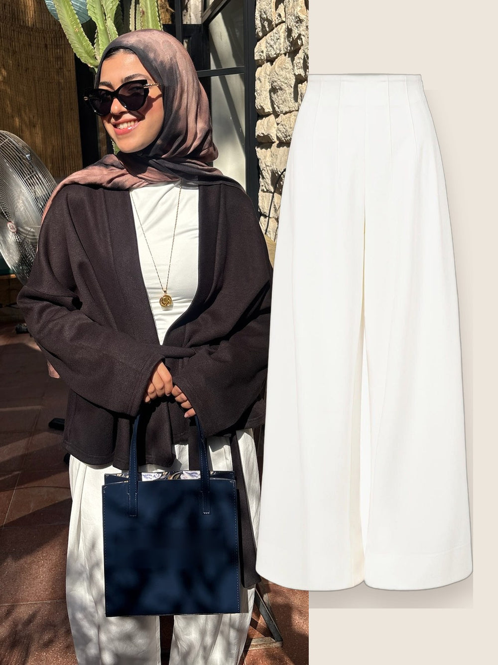 Black wrap cardigan + white wide-legs